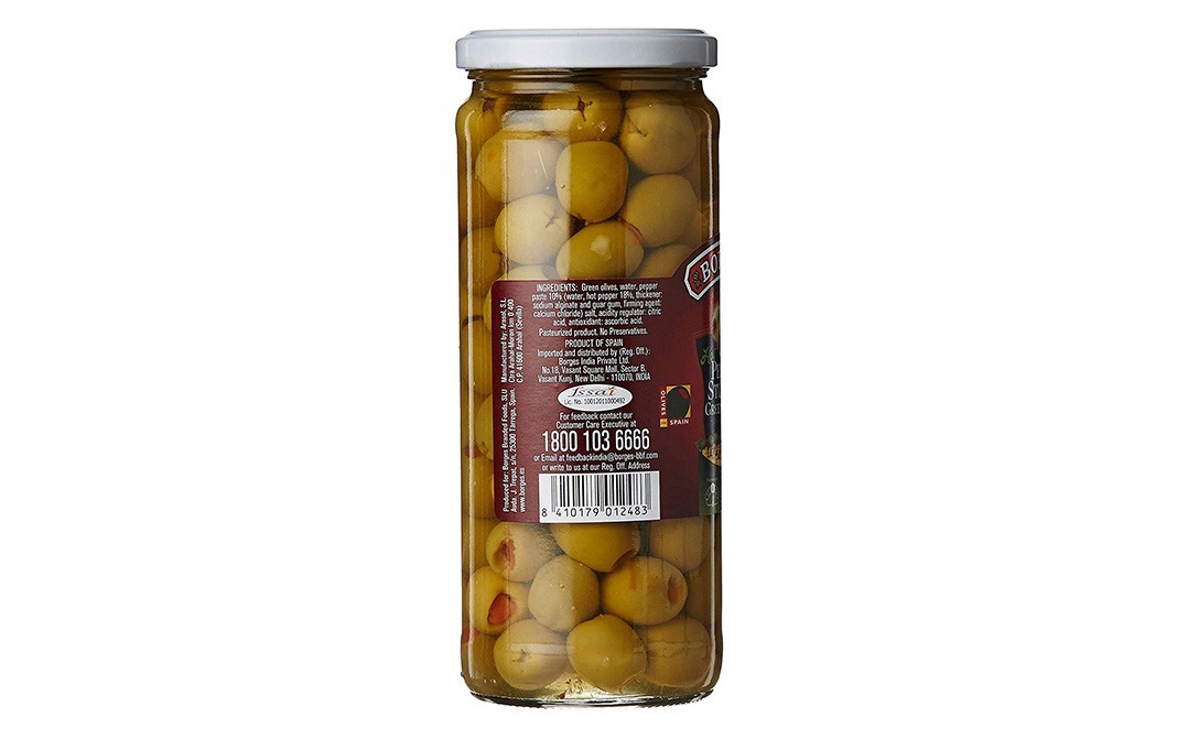 Borges Hot Pepper Stuffed Green Olives   Glass Jar  450 grams